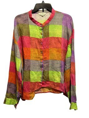 BUYKUD Womens 2X Oversized Colorful Box Plaid Boho Cotton Buttoned Shirt Top